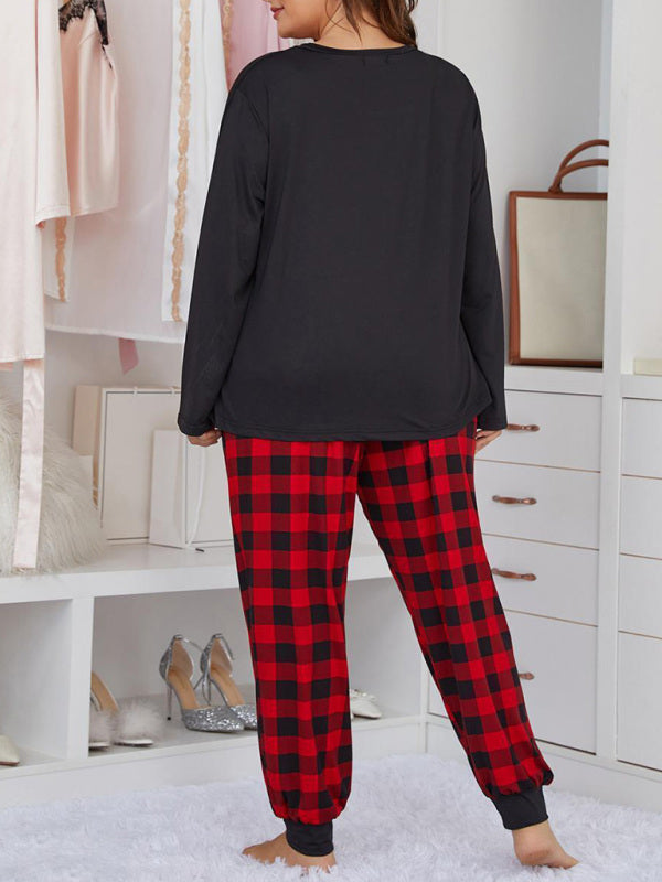 Plus Size Women's Long Sleeve Plaid Trousers Home Pajamas Set