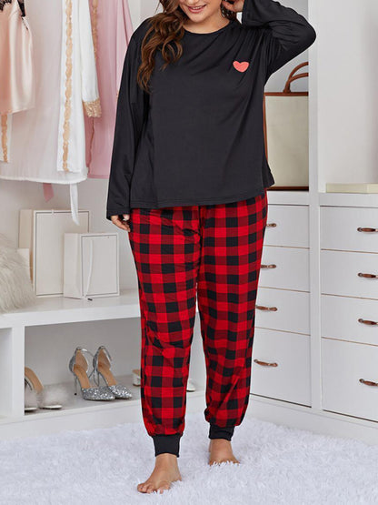 Plus Size Women's Long Sleeve Plaid Trousers Home Pajamas Set