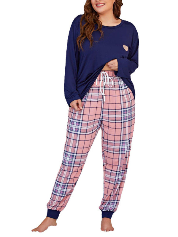 Plus Size Women's Long Sleeve Plaid Trousers Home Pajamas Set