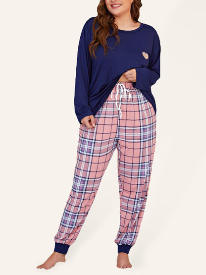 Plus Size Women's Long Sleeve Plaid Trousers Home Pajamas Set