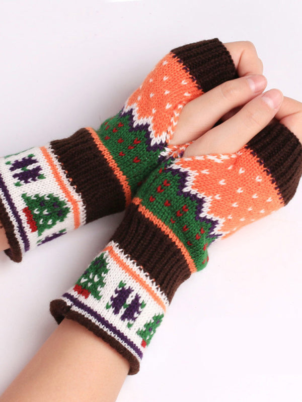 Women's Christmas Tree Thickened Wool Fingerless Knitted Gloves