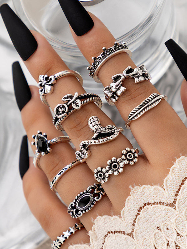 Jewelry 15-piece ring personality hollow lotus sunflower geometric black stone set ring