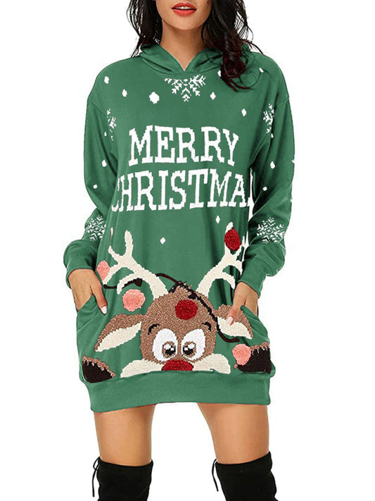 Women's Christmas Print Mid Length Hooded Sweater Dress