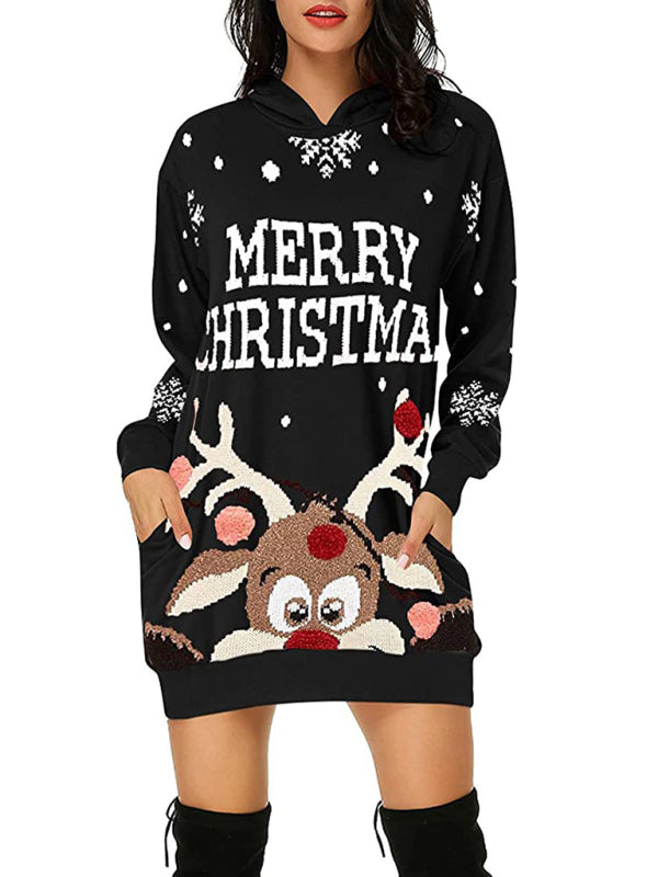 Women's Christmas Print Mid Length Hooded Sweater Dress