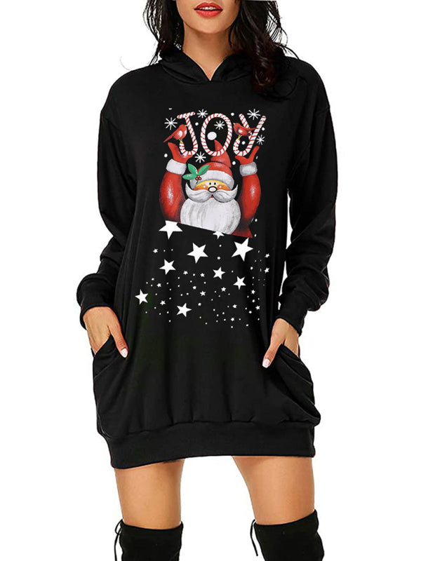 Women's Christmas Print Mid Length Hooded Sweater Dress