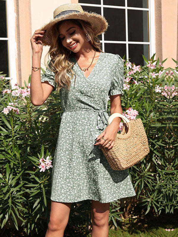 Green V-Neck Print Ladies Mori Dress