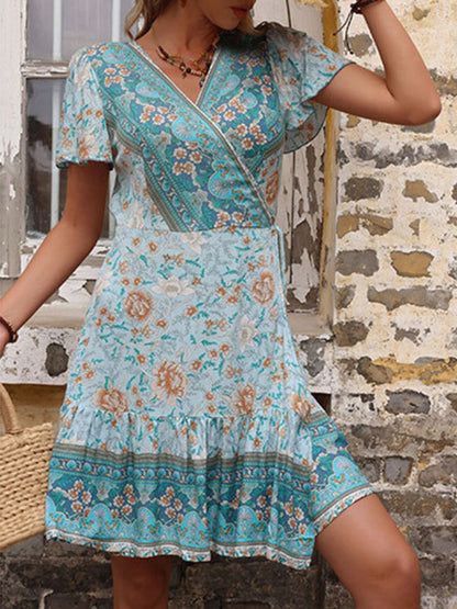 Summer European and American retro women's print blue one-piece dress