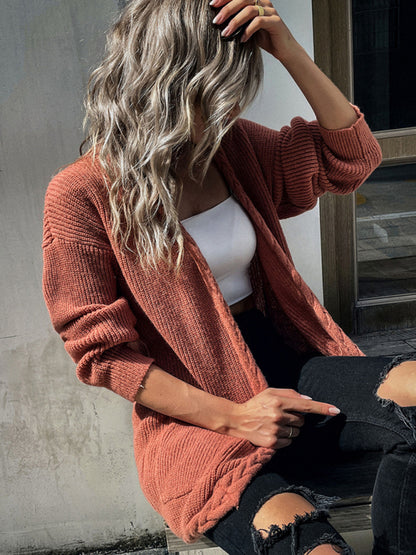 loose long sleeve twist solid color sweater cardigan