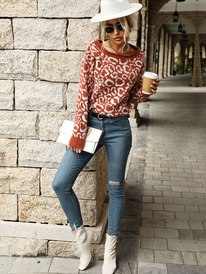 Ladies Casual Fashion Jacquard Long Sleeve Leopard Sweater