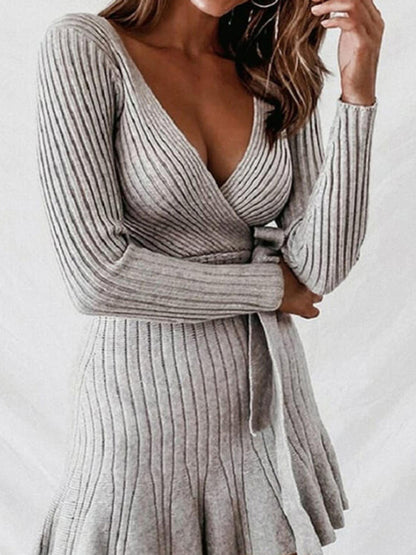 Women's Sexy Deep V Neck Long Sleeve Waist Sweater