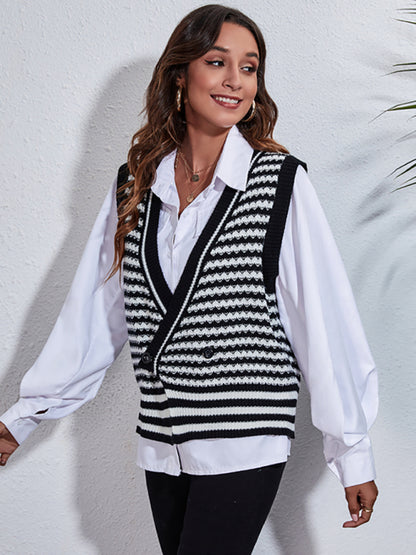 Women's stripe knitted Cardigan Sweater Vest