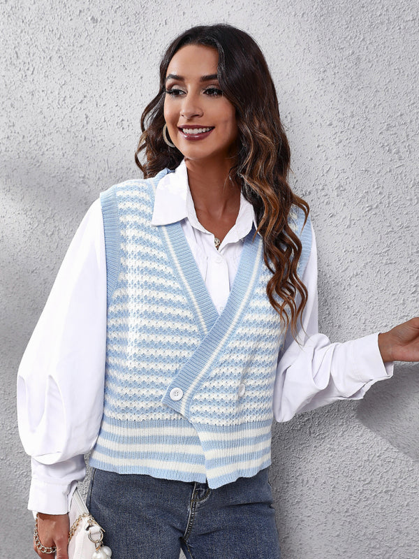 Women's stripe knitted Cardigan Sweater Vest