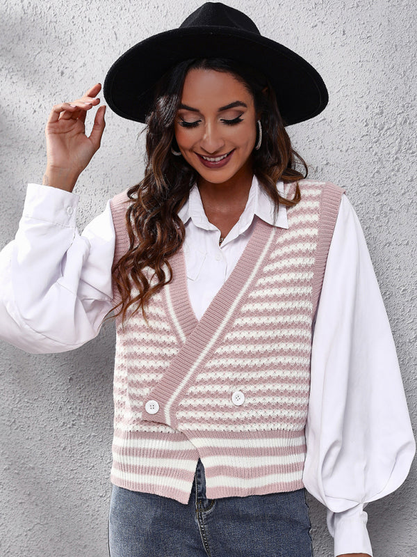 Women's stripe knitted Cardigan Sweater Vest