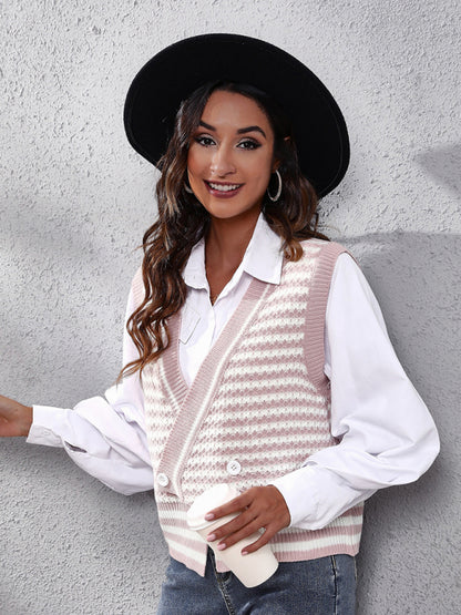 Women's stripe knitted Cardigan Sweater Vest