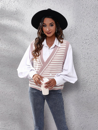 Women's stripe knitted Cardigan Sweater Vest