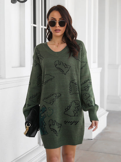 Women's Dinosaur cartoon jacquard V-neck falling shoulder long sleeve wool dress