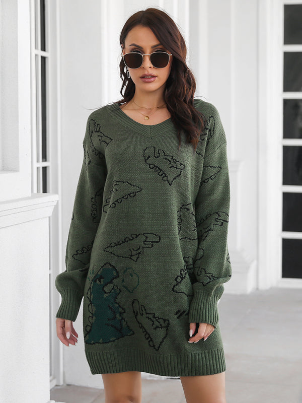 Women's Dinosaur cartoon jacquard V-neck falling shoulder long sleeve wool dress