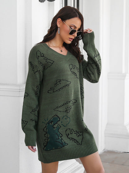 Women's Dinosaur cartoon jacquard V-neck falling shoulder long sleeve wool dress