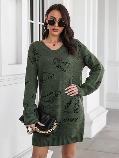 Women's Dinosaur cartoon jacquard V-neck falling shoulder long sleeve wool dress