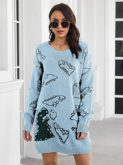 Women's Dinosaur cartoon jacquard V-neck falling shoulder long sleeve wool dress