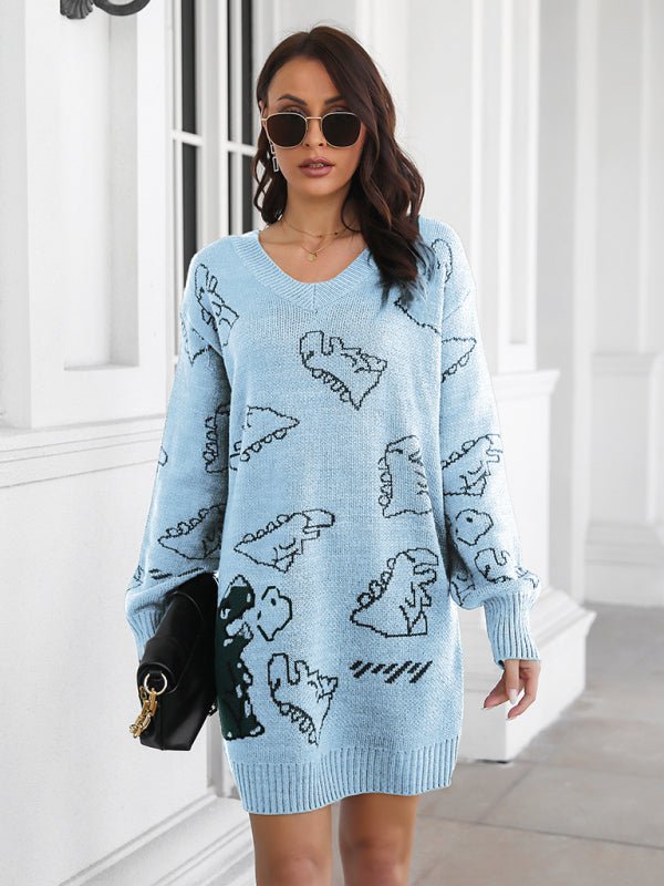 Women's Dinosaur cartoon jacquard V-neck falling shoulder long sleeve wool dress