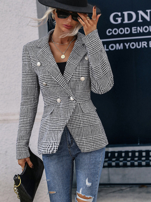 Woman'S Autumn New Slim Fit Small Suit Business Button Plaid Long Sleeve Blazer