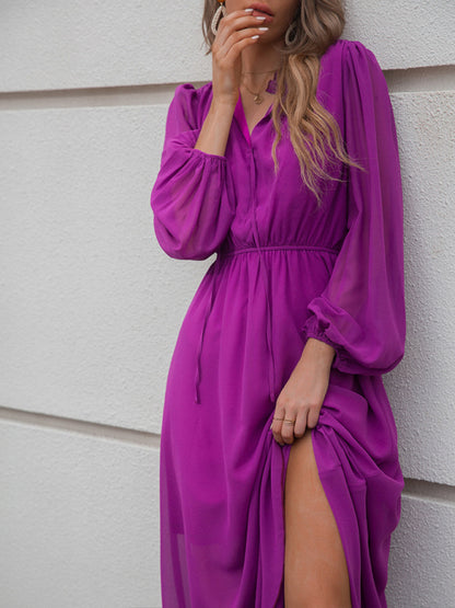 Woman'S Autumn New V-Neck High Waist Purple Skirt Tie Dress