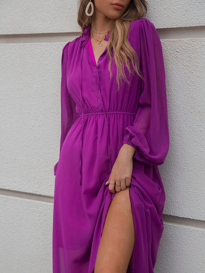 Woman'S Autumn New V-Neck High Waist Purple Skirt Tie Dress