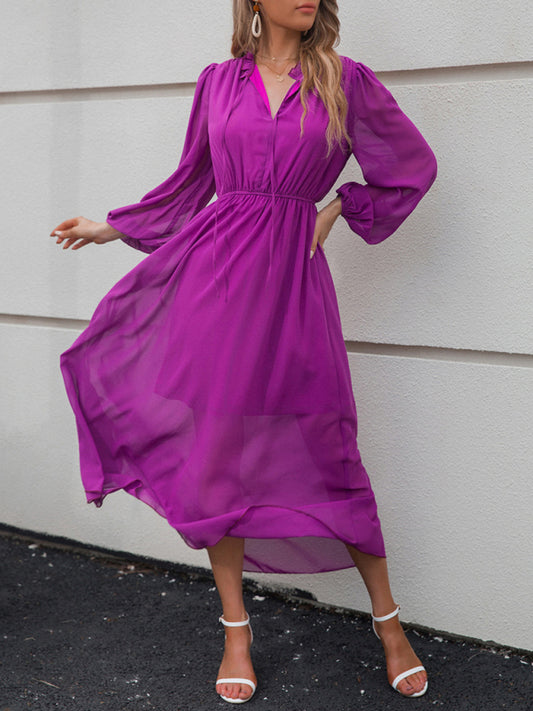 Woman'S Autumn New V-Neck High Waist Purple Skirt Tie Dress