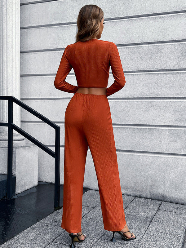 Woman'S Suit Autumn New Long-Sleeved Bow V-Neck Solid Color Slim Sexy Two-Piece Suit