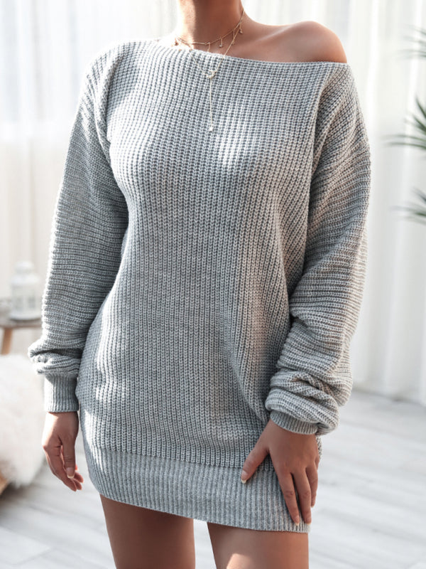 Women's straight neck casual loose knit wool dress