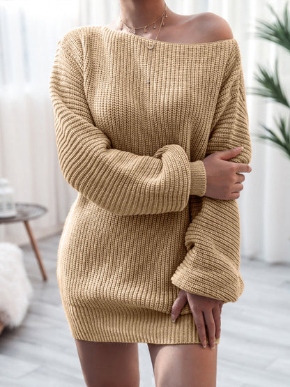 Women's straight neck casual loose knit wool dress