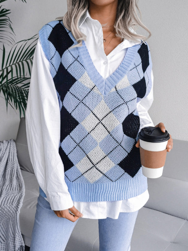 Women's diamond V-neck casual loose knit vest sweater