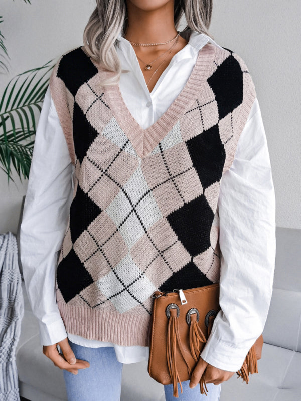 Women's diamond V-neck casual loose knit vest sweater