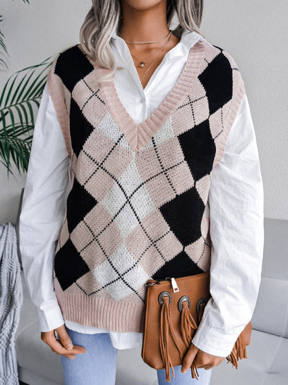 Women's diamond V-neck casual loose knit vest sweater