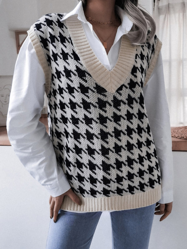 Women's V-neck thousand bird lattice casual loose knit vest sweater