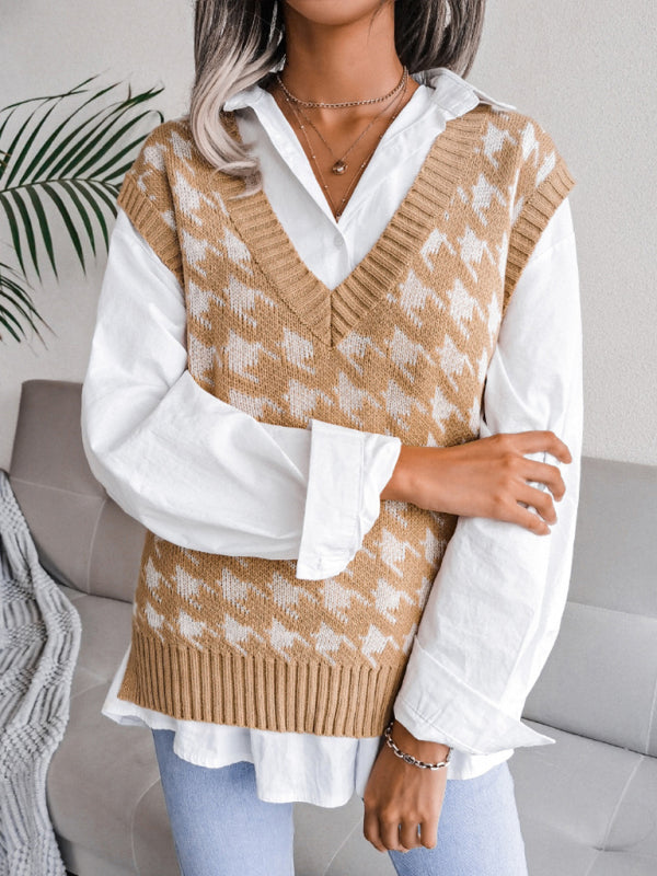 Women's V-neck thousand bird lattice casual loose knit vest sweater