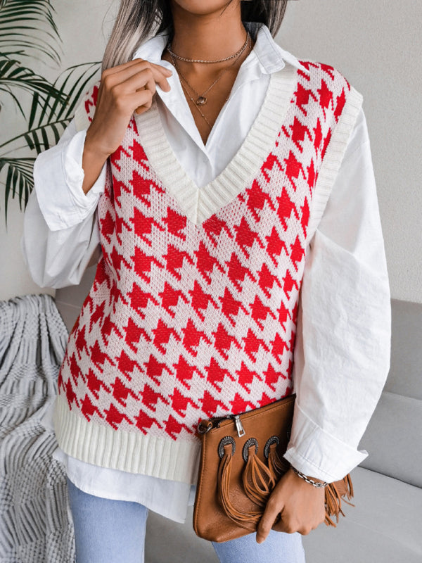 Women's V-neck thousand bird lattice casual loose knit vest sweater