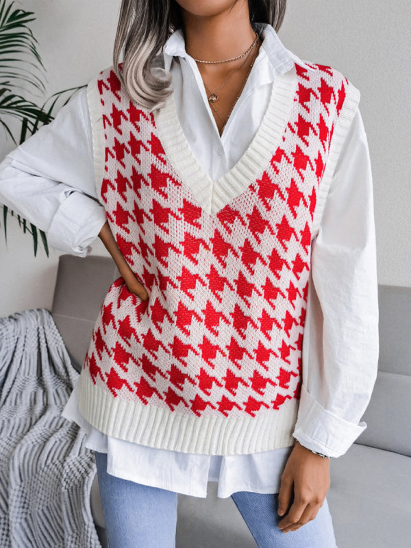 Women's V-neck thousand bird lattice casual loose knit vest sweater