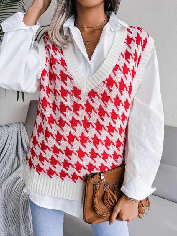 Women's V-neck thousand bird lattice casual loose knit vest sweater