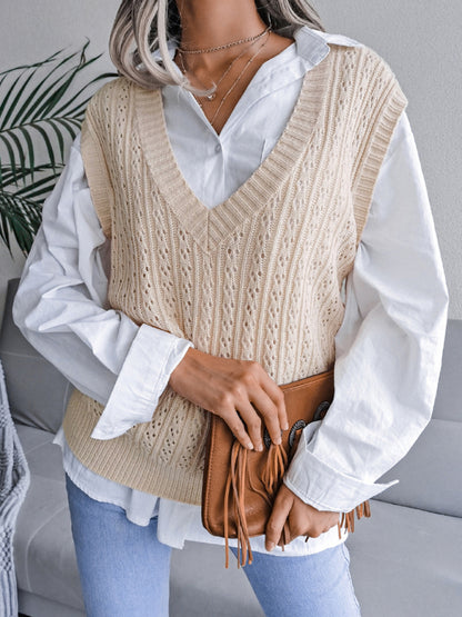 Women's V-neck hollow out fried dough twist casual knitting vest sweater