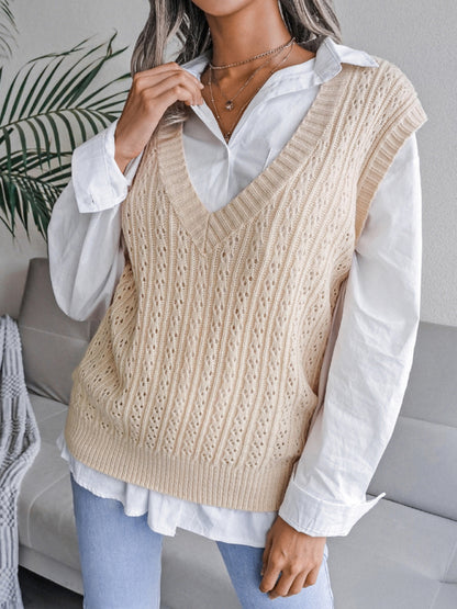 Women's V-neck hollow out fried dough twist casual knitting vest sweater