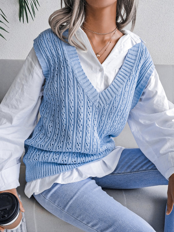 Women's V-neck hollow out fried dough twist casual knitting vest sweater