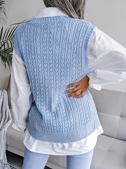 Women's V-neck hollow out fried dough twist casual knitting vest sweater