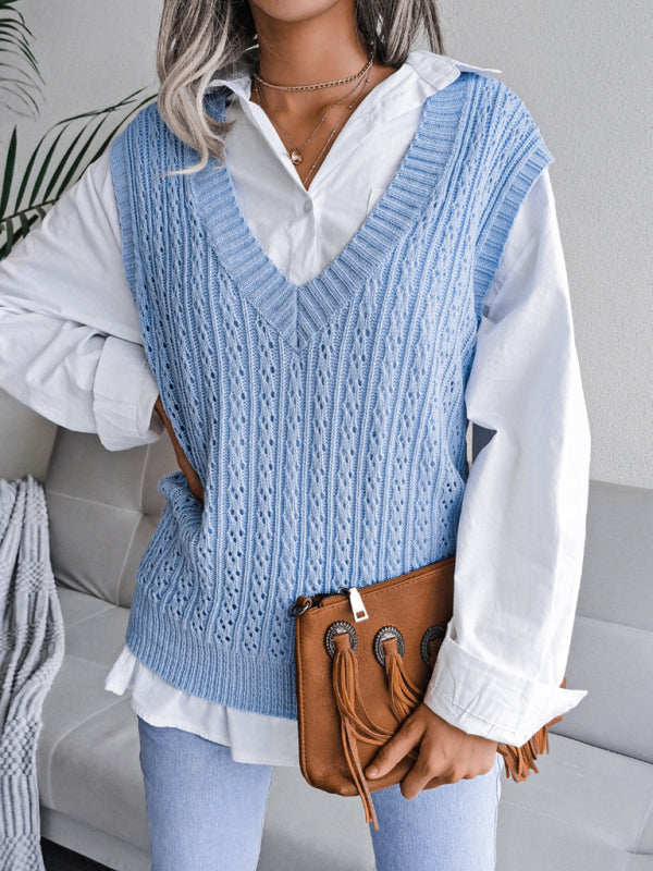 Women's V-neck hollow out fried dough twist casual knitting vest sweater