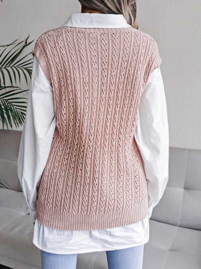 Women's V-neck hollow out fried dough twist casual knitting vest sweater