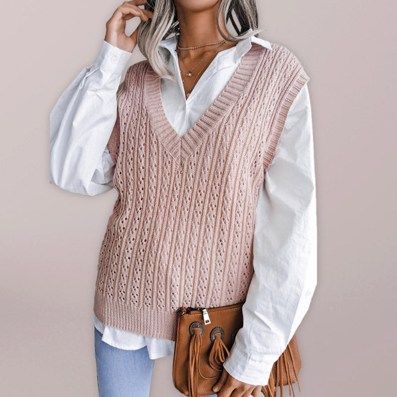 Women's V-neck hollow out fried dough twist casual knitting vest sweater