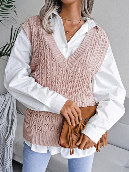 Women's V-neck hollow out fried dough twist casual knitting vest sweater