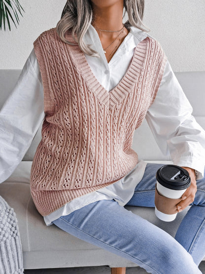 Women's V-neck hollow out fried dough twist casual knitting vest sweater