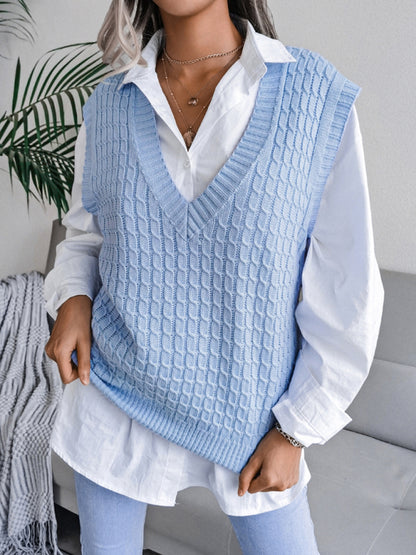 Women's V-neck fried dough twist casual loose knit sweater vest